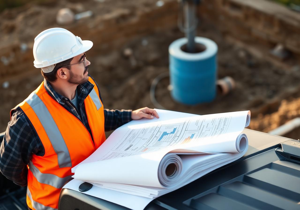 Geotechnical engineer reviewing construction plans at a foundation site